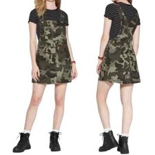 Wild Fable Camouflage Raw Hem Overall Mini Dress Front Pocket Green Gray Small