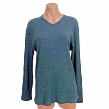 YMLA Vintage 90s Blue Heathered Ribbed V-Neck Long Sleeve Flowy Shirt Club L