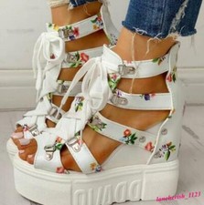 Women's Open Toe Sandals Platform Wedge Heel Roman Lace Up Hollow Out Shoes New