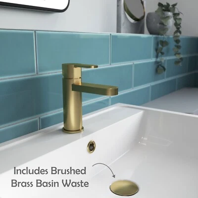 Nuie Arvan Brushed Brass Mono Basin Mixer Tap Push Button Waste Modern Bathroom
