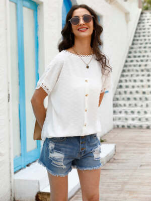 Women's Solid Color Flutter Sleeve Lace Trim Blouse
