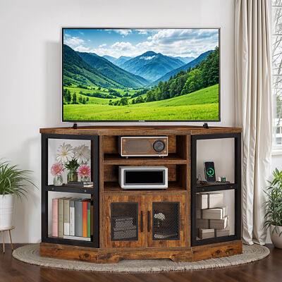 Corner TV Stand with Power Outlets Open Closed Shelves for 55 inch TVs Console
