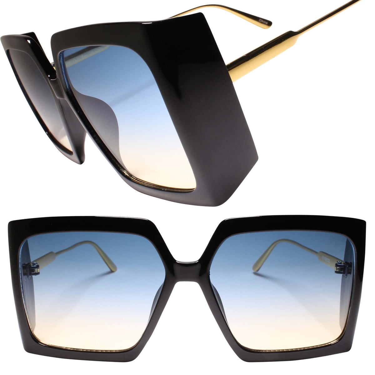 Bold Blue and Gold Oversized Sunglasses Gold Oversized Titanium Square Tinted Sunglasses with Blue  main image 3