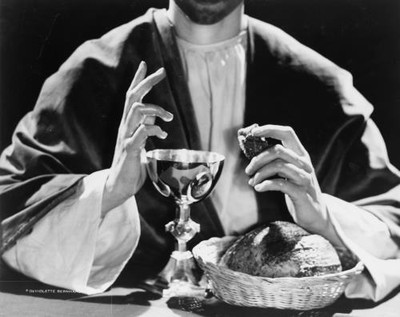 This is my body,broken for you,I Cor 11:24,priest,communion chalice,bread,c1958