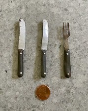 Vintage Lot Of 3 Tiny Metal Child Doll Silverware, Flatware, 2 Knifes 1 Fork