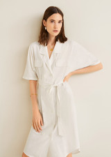 Mango White Linen Blend Tuxedo Button-Down Shirt Dress With Belt Size XS NWT
