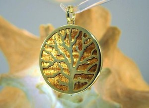 Authentic 39mm Gold Plated On Inlaid Hawaiian Koa Wood Reversible Coral Tree Pendant
