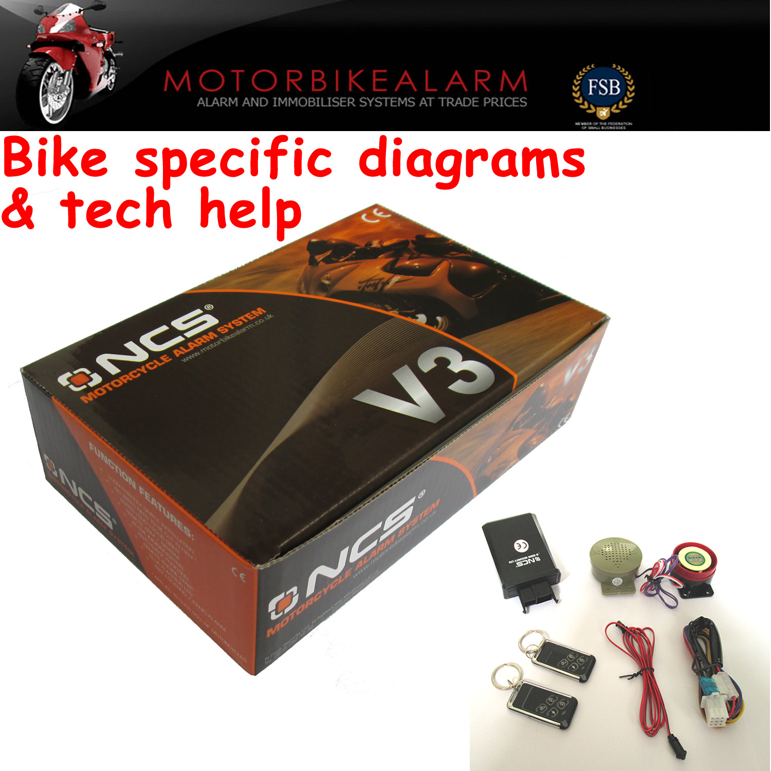 NCS V3 TALKING MOTORBIKE MOTORCYCLE ALARM & IMMOBILISER REMOTE CONTROL START