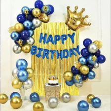 Decoracion De Cumpleaños Globos Cortina 84 Piezas Dorado y Azul Para Hombre Set