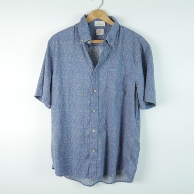 Faherty Mens Breeze Shirt Blue Linen Tencel Palm Tree Print Short Sleeve Large