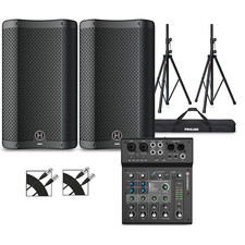 Harbinger VARI 2410 10" Powered Speakers Package wLX8 Mixer, Stands and Cables