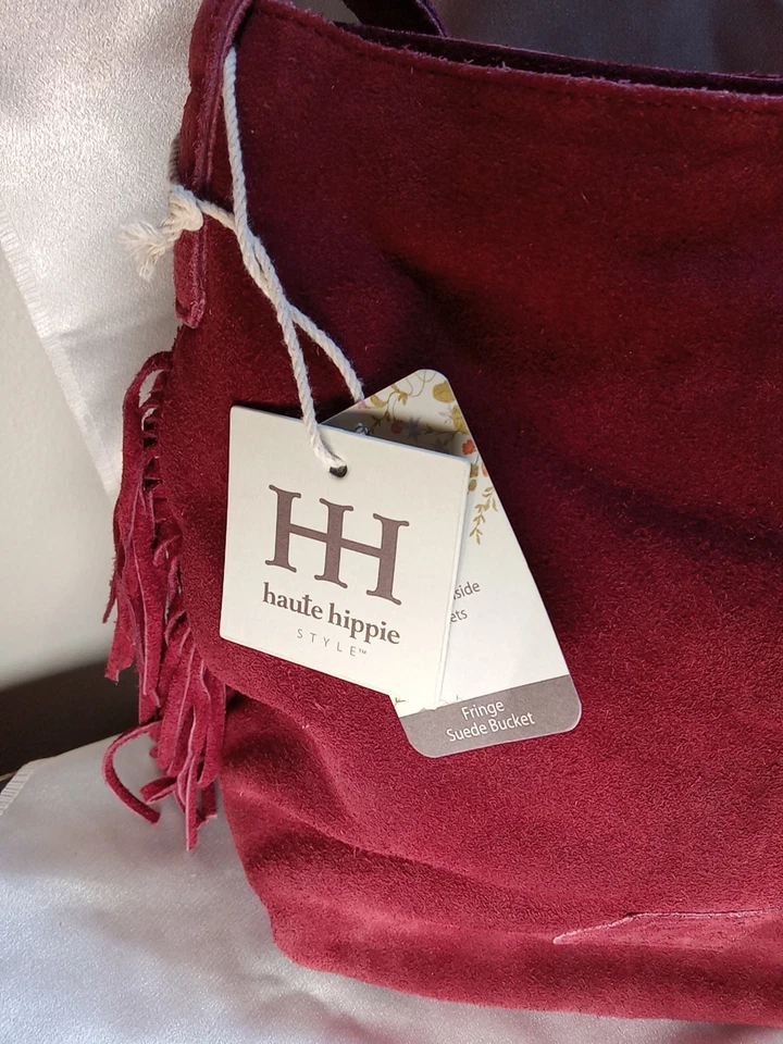 Nuevo con etiquetas Bolso Cubo Gamuza Genuino Flecos Alto Hippie Monedero Granate Oscuro Dorado Herrajes Foto 3 de 4