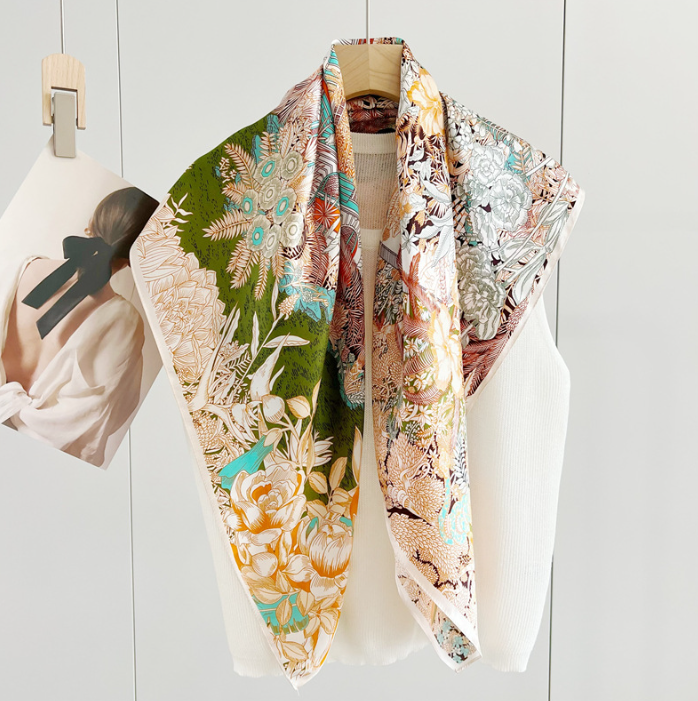 100% Mulberry Silk Scarf 35 Inch Yellow Garden Print Womens Neckerchief Wrap