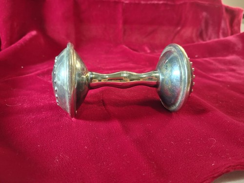 Vintage Silver Plated Barbell Style Baby Rattle 3.5” by 1.75" Cross Motif