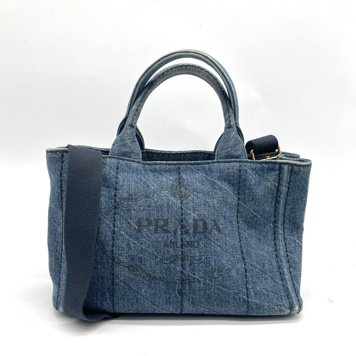 Auth PRADA Canapa Denim 2Way Tote Bag Shoulder Bag 2Y6241 | eBay