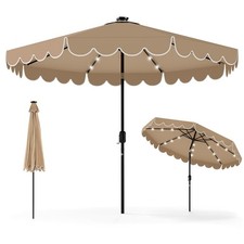 9 FT Solar Patio Umbrella, 2-Tiers Scalloped Outdoor Table Market with Lights