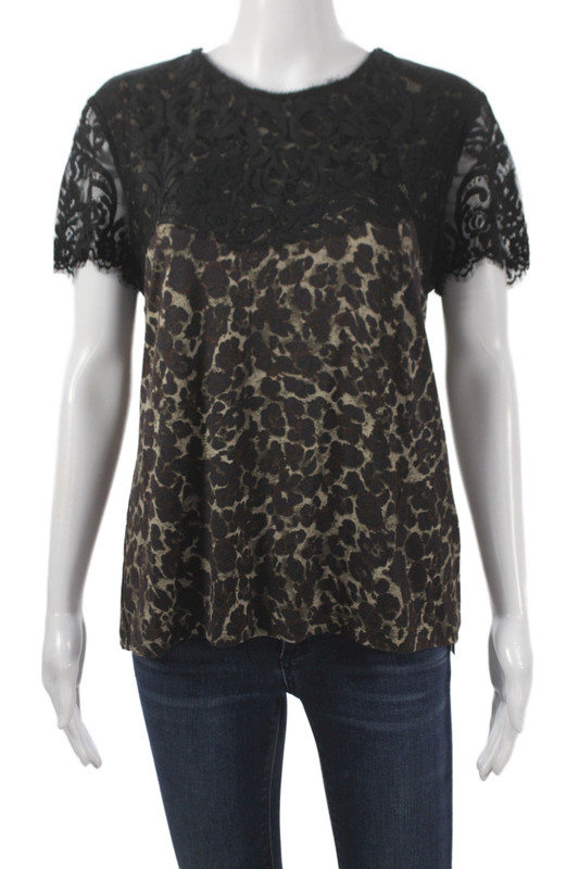 Elie Tahari Women Black Leopard Cotton Round Neck Short Sleeve Blouse Size L