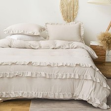 Beige Ruffle Duvet Cover Queen 3Pcs Ruffled Duvet Cover Set Cottagecore Frill