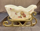 Fenton White Satin Glass Sleigh w/ Brass Stand Art Holiday Christmas Decor Dish