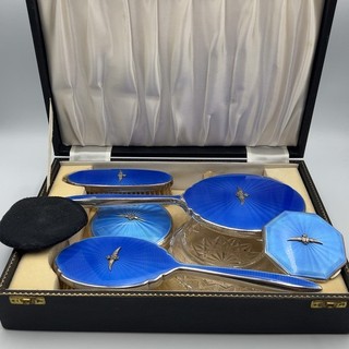 Blue Guilloche Enamel RAF 5pc Vanity Set Cased Silver Plate Inc Solid Silver