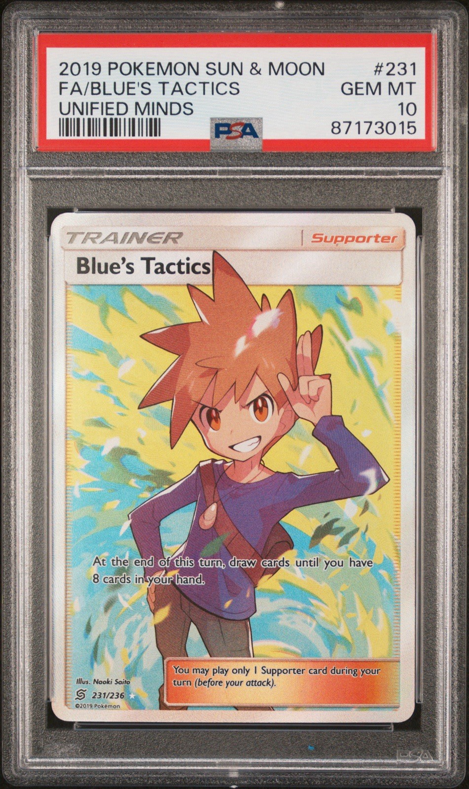 PSA 10 💎 2019 Pokemon Sun Moon Unified Minds 231 Full Art Blue's Tactics
