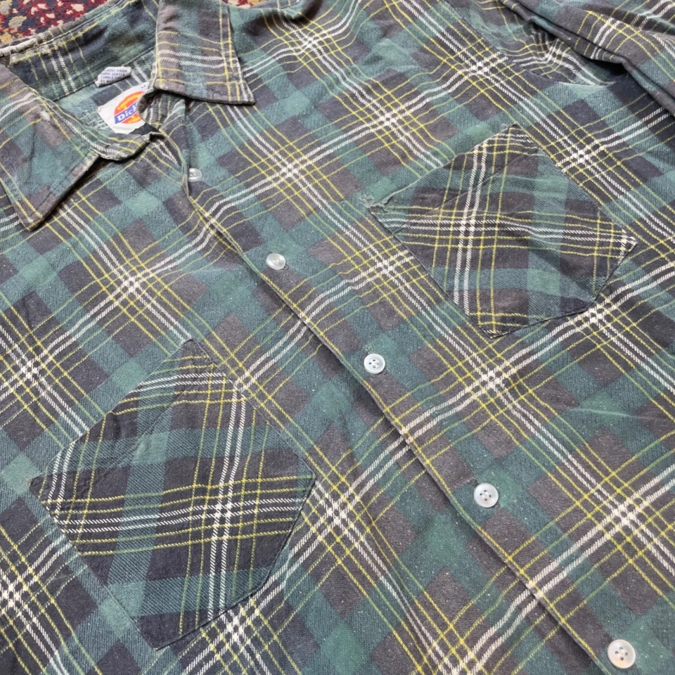 VTG 70s 80s Dickies Men's Plaid Flannel Long Sleeve Shirt Green brown Size M - Image 2 of 4