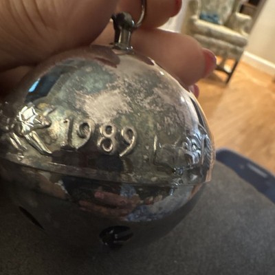 1989 Silver Sleigh Bell Christmas Ornament Metal Holiday Box