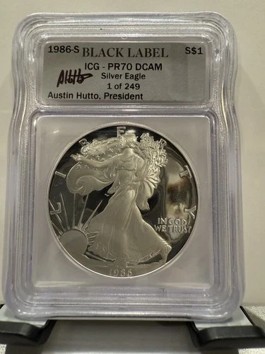 1986 S American Silver Eagle Dollar Proof ICG BLACK LABEL PR70 DCAM 1 of 249 COA