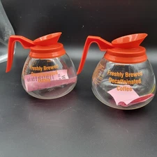 Lot of 2 Vintage Decaf Coffee Carafes Orange Handle Glass Pots “Freshly Brewed”