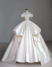 Ivory Satin Wedding Dresses Ruffles Off the Shoulder A Line Bridal Gowns