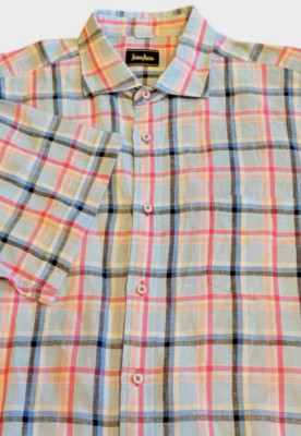 Men Linen Shirt Button Up Size Large Short Sleeve Plaid Neiman Marcus Multicolor