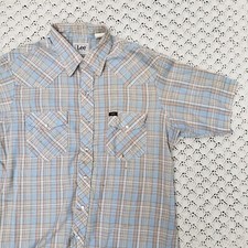 Vtg Lee Extra Long Tails Mens Pearl Snap Short Sleeve Plaid Western Shirt USA XL