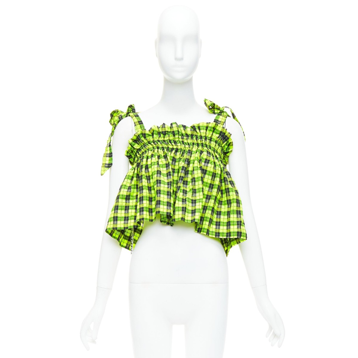 GANNI Checked Seersucker neon green ruffle tie shoulder crop