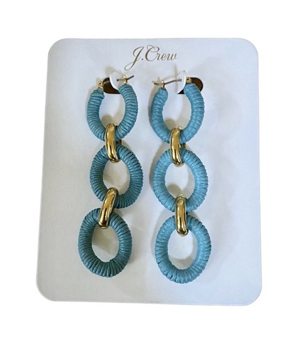 J.Crew Cotton Raphia Raffia Wrapped Chain Earrings Hydrangea Blue Gold $49 - Picture 9 of 9