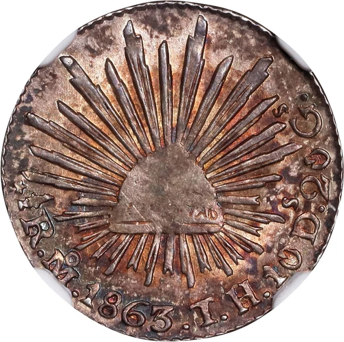 MEXICO-MEXICO CITY MINT  1863/55 MoTH  1/2 REAL SILVER COIN, NGC CERTIFIED MS62