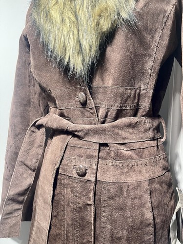 Vtg Wilson’s Leather Deadstock Penny Lane Suede Fur Collar Trench Coat S - Picture 2 of 7