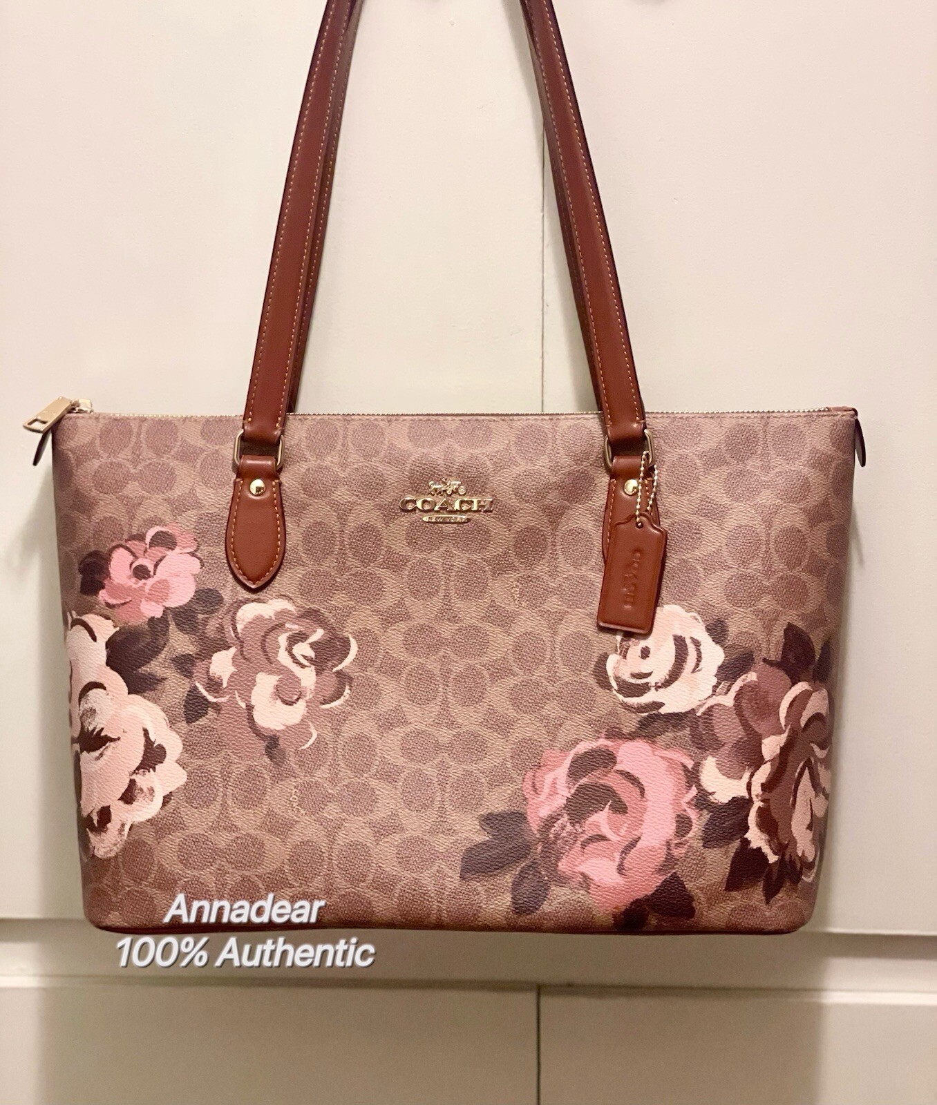 Coach Gallery Tote in Signature Canvas with Rose Print - Tan Brown CZ180