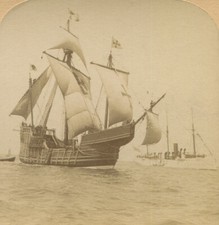 THE SANTA MARIA SAILING INTO N.Y. HARBOR. STEREOVIEW.