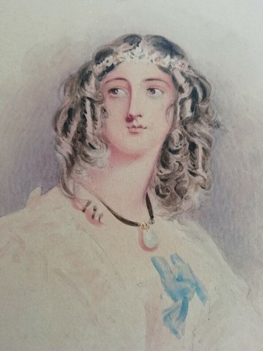 SIR WALTER SCOTT'S FLORA MCIVOR - RETRATO EN ACUARELA DEL SIGLO 19 TITULADO VERSO - Imagen 2 de 8