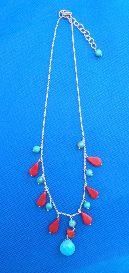 Collar Artesanal Piedra Mixta 16" Jaspe Turquesa Facetado Azul Gota 925 Cadena Foto 2 de 4