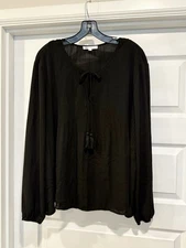 DR2 Women’s Size XL Blouse Top Black Pleats Sheer Career Holiday Long Sleeve Bow
