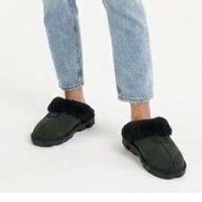 UGG Coquette Black Suede Sheepskin Slippers Mens 8 Womens 10