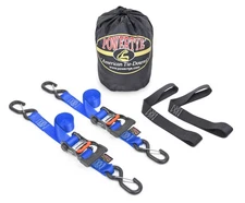 PowerTye 1.5in x 6ft Ergonomic Ratchet Tie-Down Kit w/Latching Hooks, Soft-Ty...