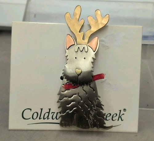 Vintage Costume Jewelry Coldwater Creek Scottie Dog Brooch Pin Red Ribbon