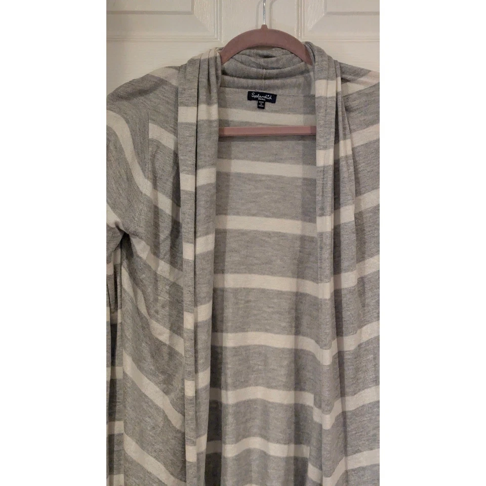 Espléndido Cárdigan Suéter Tejido Gris Blanco Rayas Frente Abierto Talla S Mezcla Cachemira Foto 2 de 4