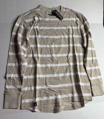 Men's Kangol Shirt Long Sleeve Crewneck Striped Beige / White Size Small