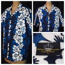 ROYAL CREATIONS Aloha Blue Hibiscus Hawaiian Shirt Welt Pocket Coconut Buttons L