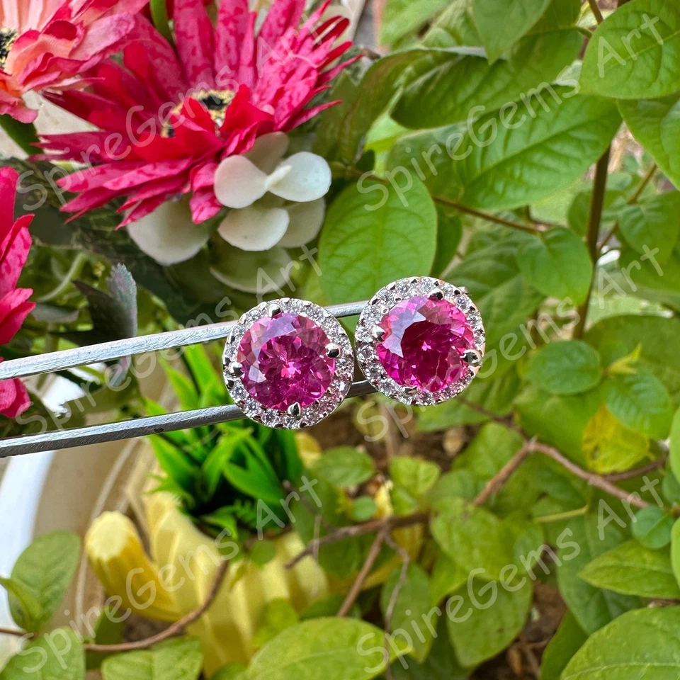 Aretes de zafiro rosa natural de 25 quilates con piedras preciosas certificadas de plata 925 52 Foto 2 de 4