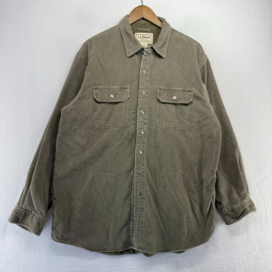 LL Bean Shacket Men's Large Green Snap Corduroy Fleece Lined Flap Pockets Jacket - Image 2 of 4