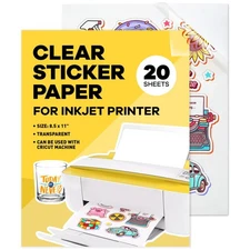 90% Clear Sticker Paper for Inkjet Printer - (20 Sheets), 8.5 x 11" Letter Si...